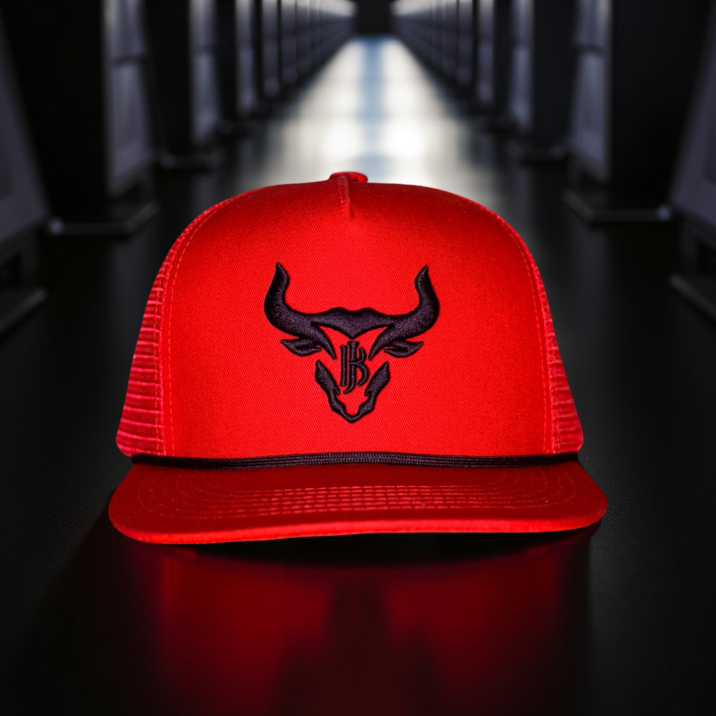 JR’S Black Horn/ flat bill red and black hat