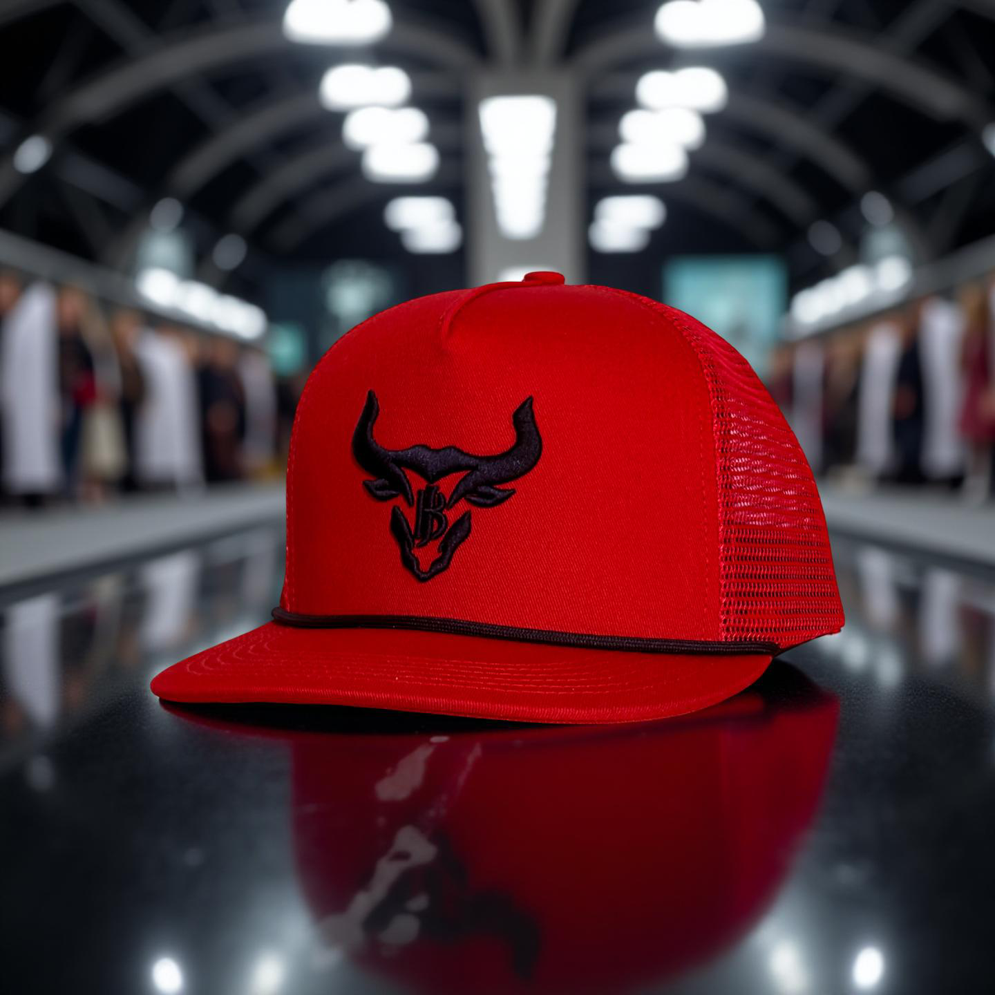 JR’S Black Horn/ flat bill red and black hat
